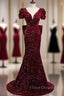 Burgundy Mermaid Sequins V-neck Formal Prom Dress With Bow