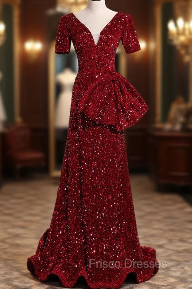 Burgundy Mermaid Sequins V-neck Formal Prom Dress Main image