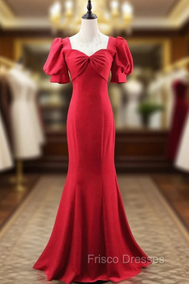 Burgundy Mermaid Square Short Sleeve Formal Prom Dress
