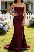 Burgundy Mermaid Strapless Pleated Corset Long Prom Dress with Slit