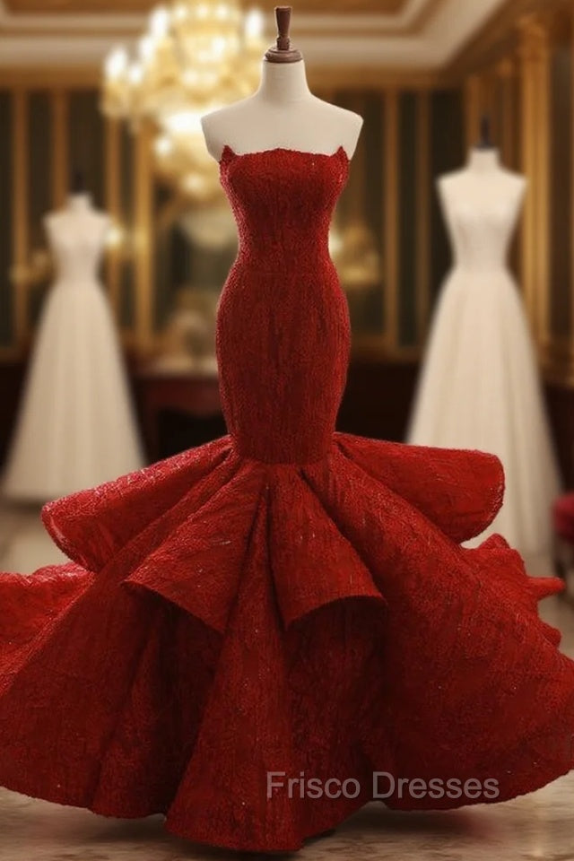 Burgundy Mermaid Strapless Sequins Backless Wedding Dress