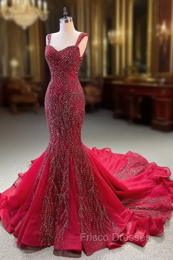 Burgundy Mermaid Straps Beading Formal Prom Dress Main image