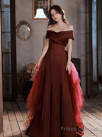 Burgundy Mermaid Sweep Train Long Prom Dress, Off Shoulder Satin Burgundy Evening Dress