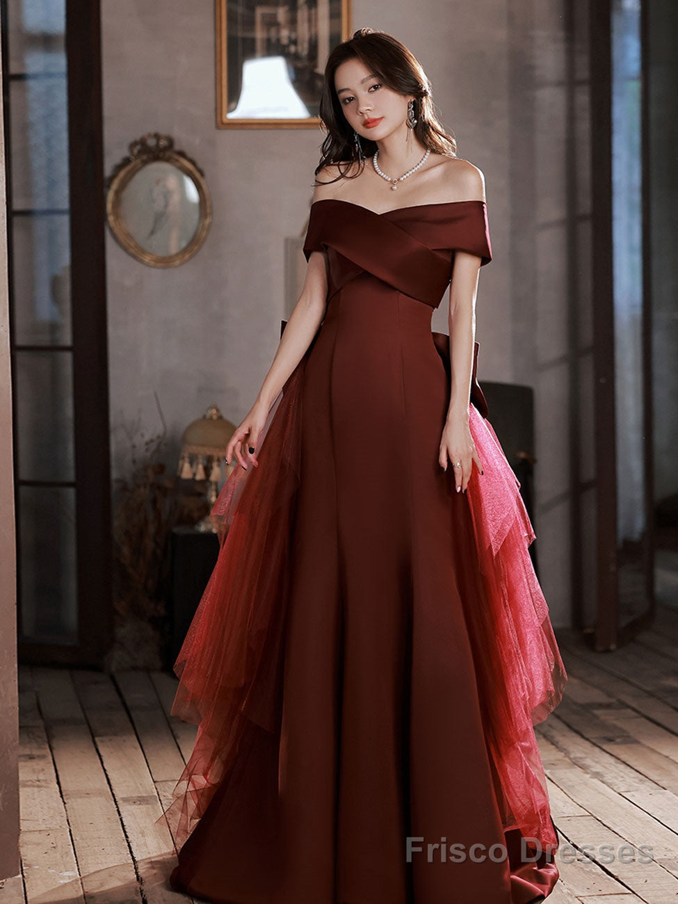 Burgundy Mermaid Sweep Train Long Prom Dress, Off Shoulder Satin Burgundy Evening Dress