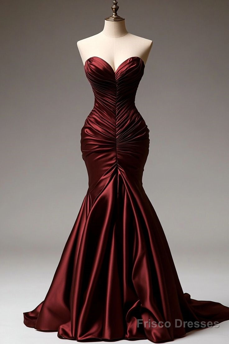 Burgundy Mermaid Sweetheart Satin Long Ball Gown, Fitted Evening Gown Secondary image