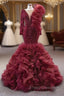 Burgundy Mermaid Tulle Beading Formal Prom Dress