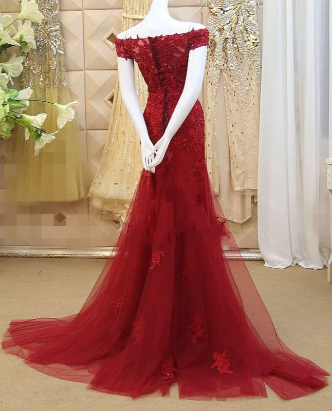 Burgundy Mermaid Tulle Evening Gown with Lace Applique, Off Shoulder Prom Dress Main image