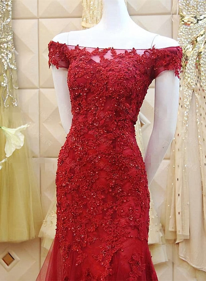 Burgundy Mermaid Tulle Evening Gown with Lace Applique, Off Shoulder Prom Dress Secondary image