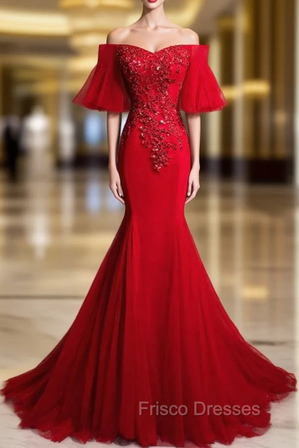 Burgundy Mermaid Tulle Off the Shoulder Beading Sequins Formal Prom Dress Main image