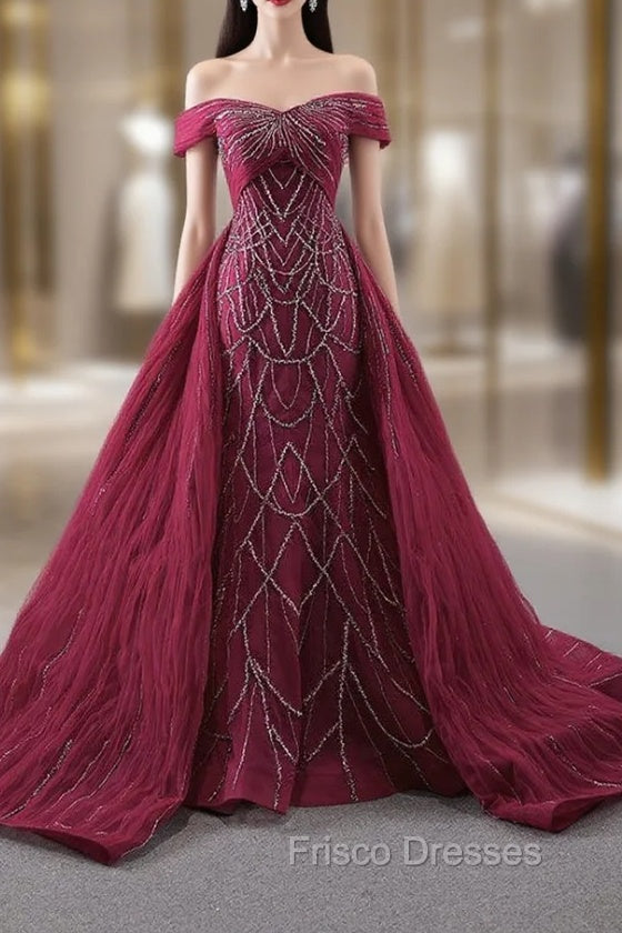 Burgundy Mermaid Tulle Off the Shoulder Pleats Formal Prom Dress Main image
