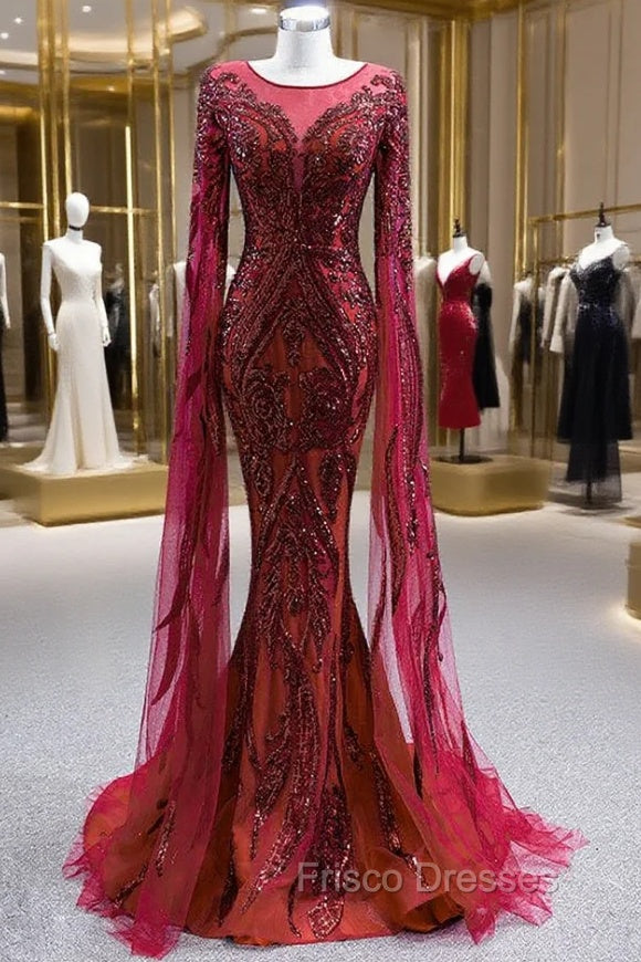 Burgundy Mermaid Tulle Sequins Long Sleeve Formal Prom Dress Main image