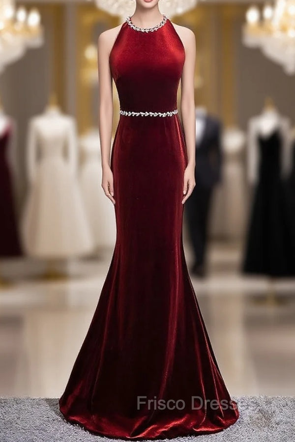 Burgundy Mermaid Velvet Backless Formal Prom Dress