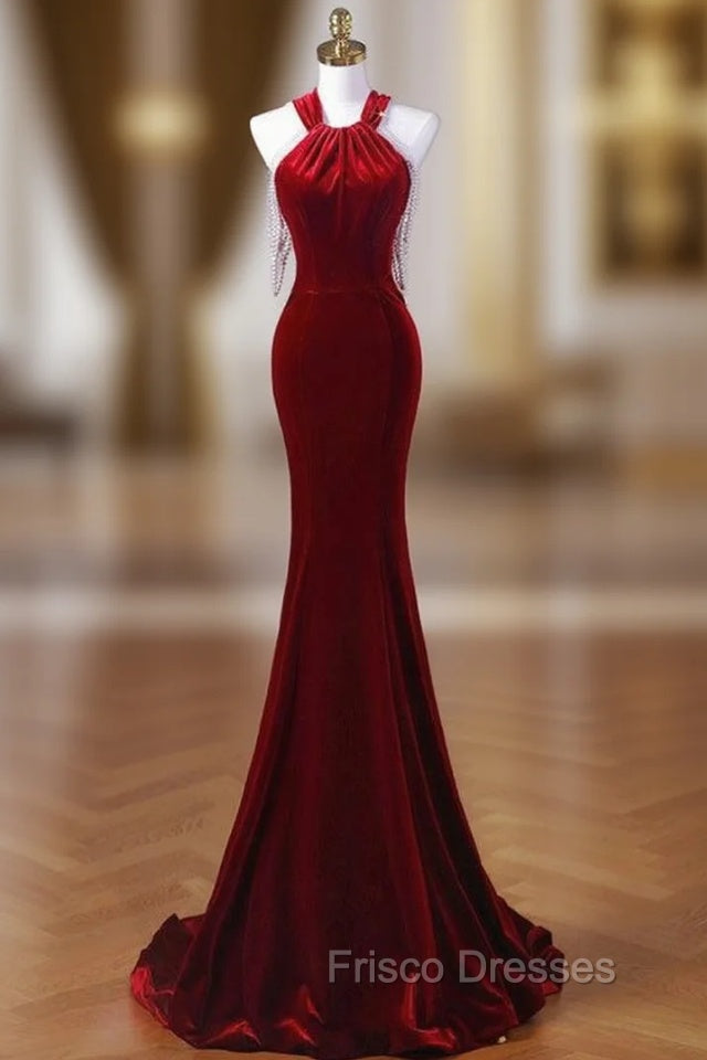 Burgundy Mermaid Velvet Halter Pearls Formal Prom Dress
