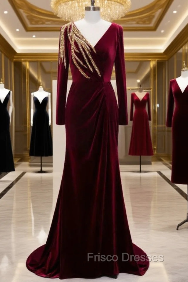 Burgundy Mermaid Velvet Long Sleeve Beading Formal Prom Dress