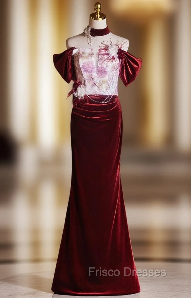 Burgundy Mermaid Velvet Off the Shoulder Pleats Flower Formal Prom Dress Main image