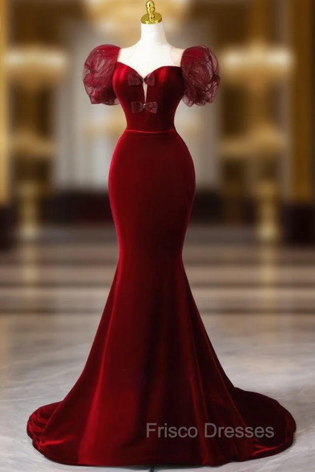Burgundy Mermaid Velvet Puff Sleeve Bow Formal Prom Dress