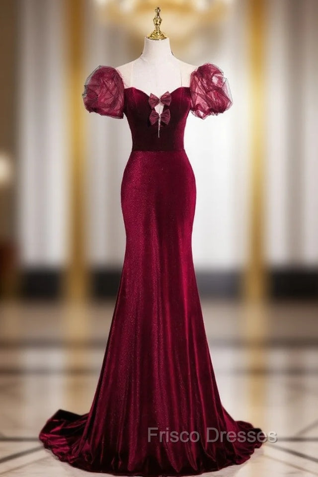Burgundy Mermaid Velvet Puff Sleeve Formal Prom Dress