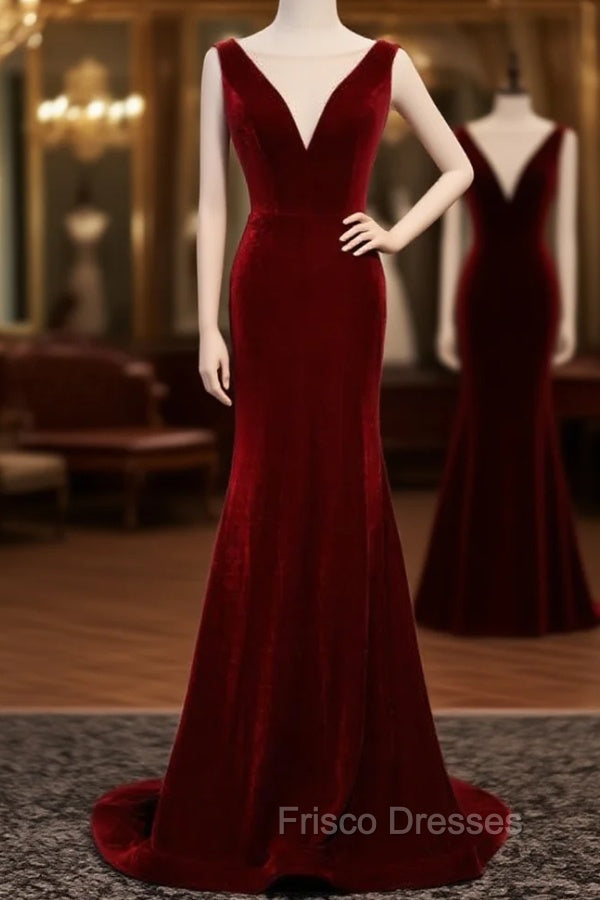 Burgundy Mermaid Velvet See Through V-neck Formal Prom Dress Main image
