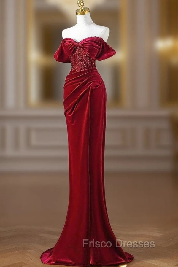 Burgundy Mermaid Velvet Sequins Formal Prom Dress