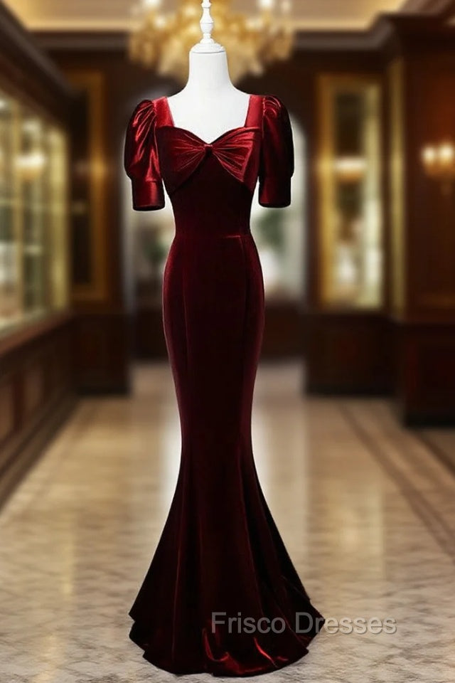 Burgundy Mermaid Velvet Short Sleeve Bow Formal Prom Dress