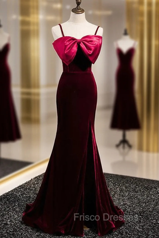 Burgundy Mermaid Velvet Spaghetti Straps Formal Prom Dress With Bow Main image