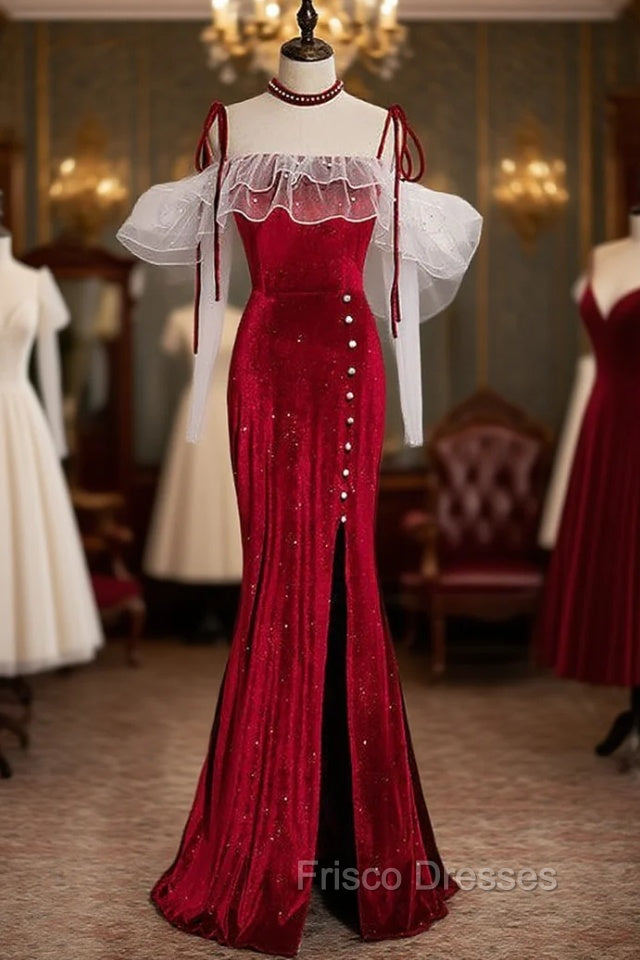 Burgundy Mermaid Velvet Spaghetti Straps Formal Prom Dress With Split