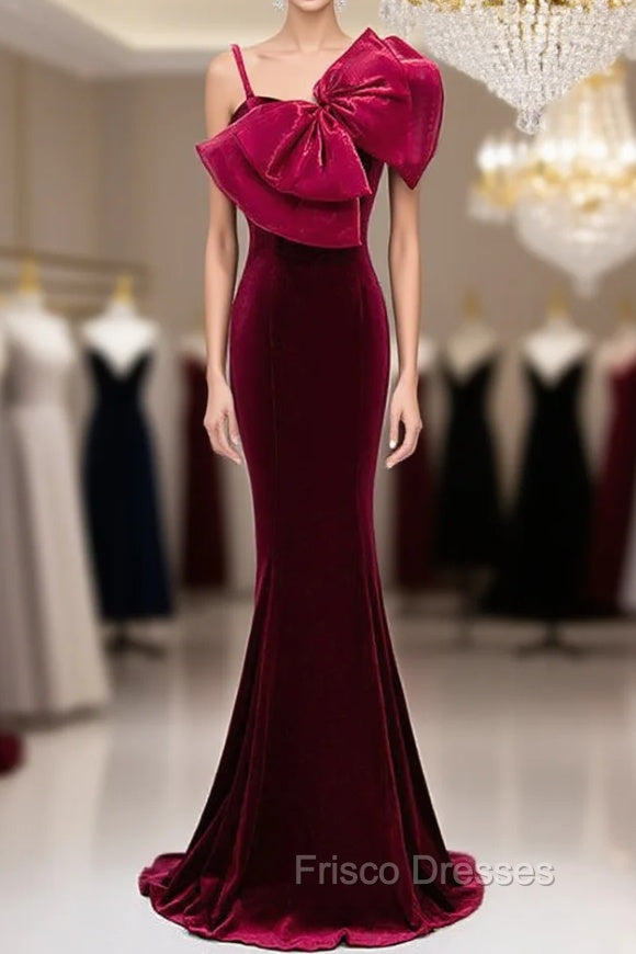 Burgundy Mermaid Velvet Spaghetti Straps Formal Prom Dress