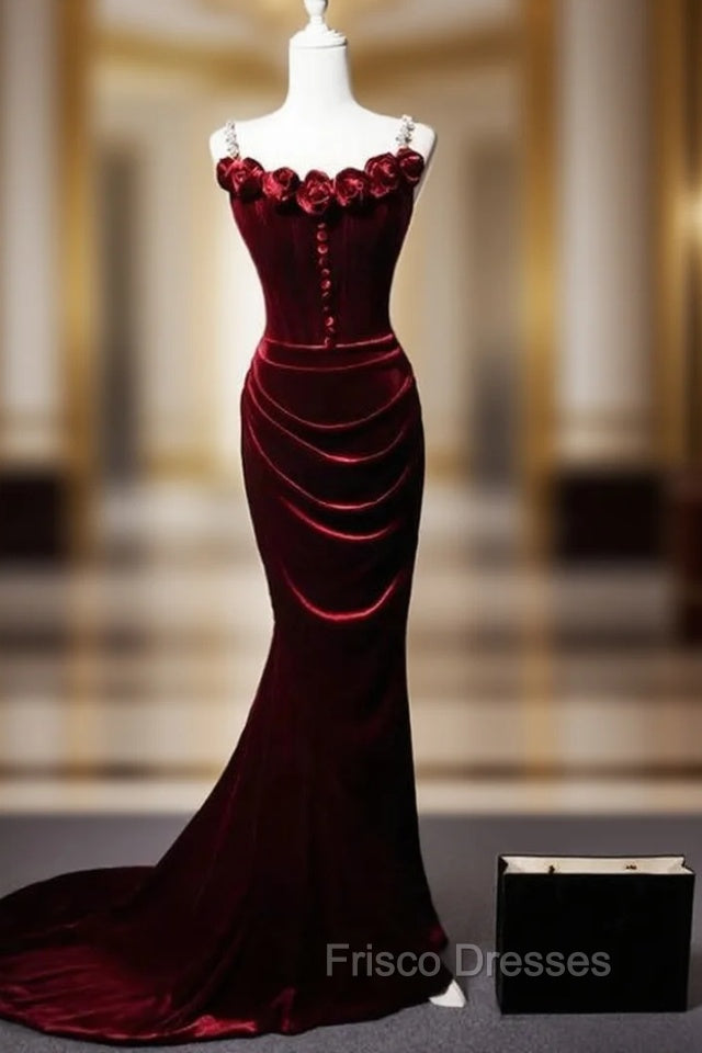 Burgundy Mermaid Velvet Straps Flwoer Formal Prom Dress