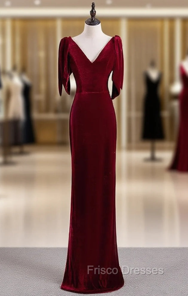 Burgundy Mermaid Velvet V-neck Formal Prom Dress