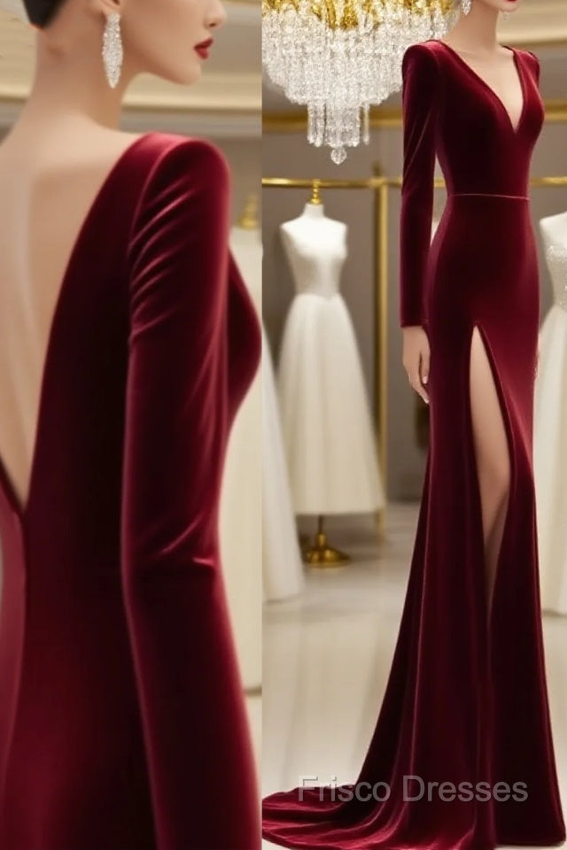 Burgundy Muslim Formal Dress Mermaid V-Neck Long Sleeves Velvet Slit Islamic Dubai Saudi Arabic Long Formal Gown Main image