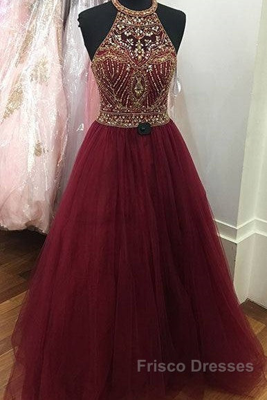 Burgundy O Neck Sequin Beads Tulle Formal Prom Dress, Burgundy Evening Dress