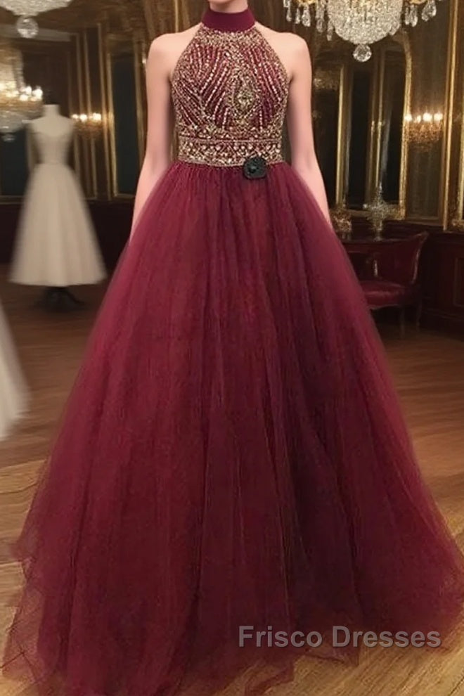 Burgundy O Neck Sequin Beads Tulle Formal Prom Dress, Burgundy Evening Dress Main image