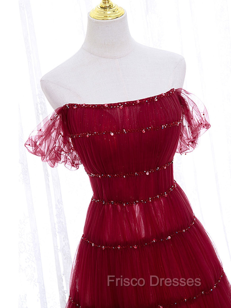 Burgundy Off Shoulder Long Formal Prom Dress, Burgundy Formal Dress with Beading Sequin