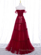 Burgundy Off Shoulder Long Formal Prom Dress, Burgundy Formal Dress with Beading Sequin