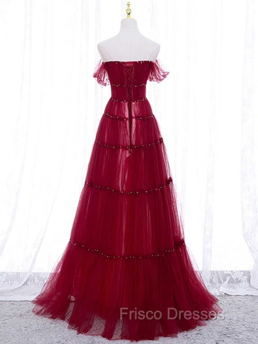 Burgundy Off Shoulder Long Formal Prom Dress, Burgundy Formal Dress with Beading Sequin
