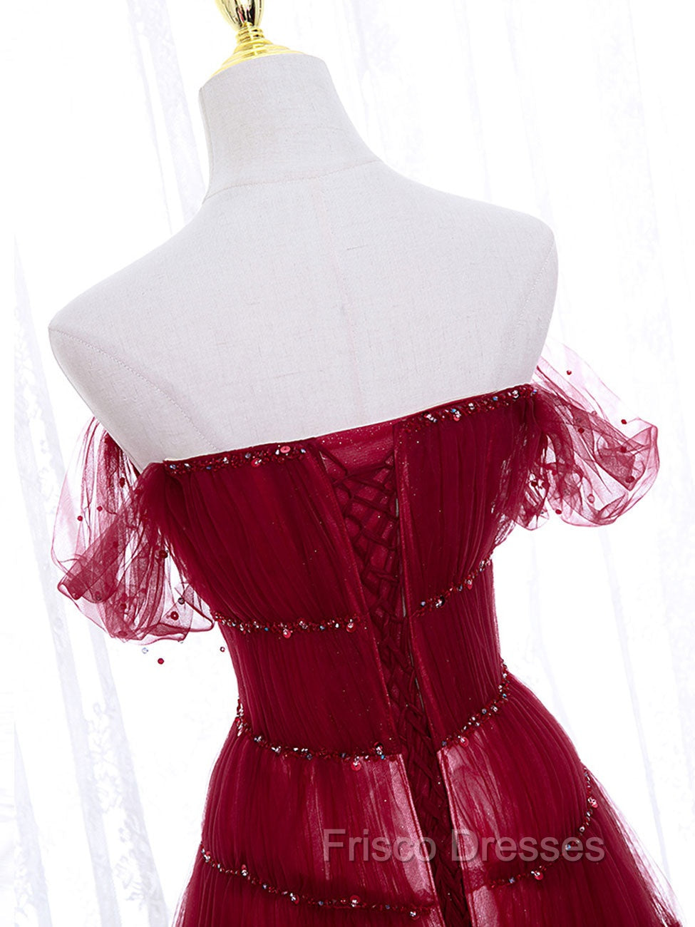 Burgundy Off Shoulder Long Formal Prom Dress, Burgundy Formal Dress with Beading Sequin