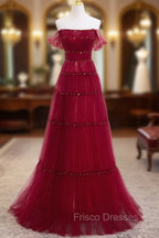 Burgundy Off Shoulder Long Formal Prom Dress, Burgundy Formal Dress with Beading Sequin