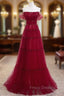 Burgundy Off Shoulder Long Formal Prom Dress, Burgundy Formal Dress with Beading Sequin