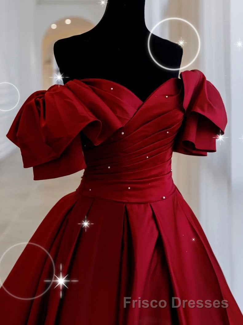 Burgundy off shoulder satin long Formal Prom Dresses, burgundy evening Dresses Secondary image