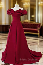 Burgundy Off Shoulder Satin Long Formal Prom Dress, Burgundy Formal Evening Dress