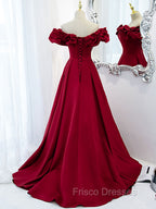 Burgundy Off Shoulder Satin Long Formal Prom Dress, Burgundy Formal Evening Dress