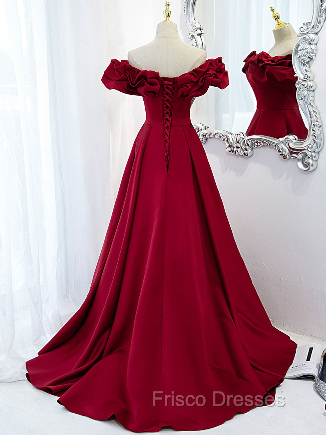 Burgundy Off Shoulder Satin Long Formal Prom Dress, Burgundy Formal Evening Dress