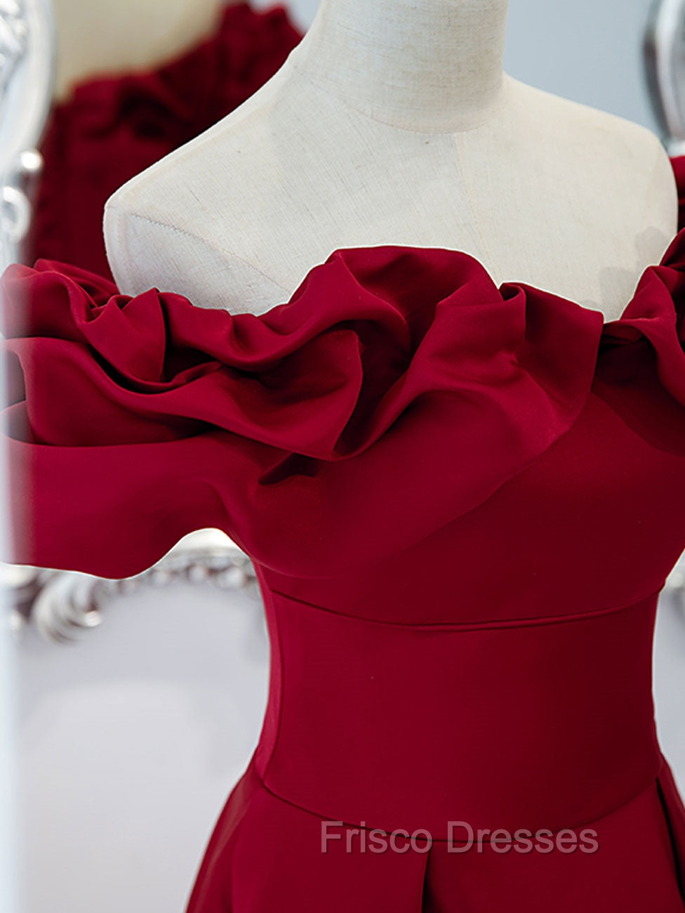 Burgundy Off Shoulder Satin Long Formal Prom Dress, Burgundy Formal Evening Dress