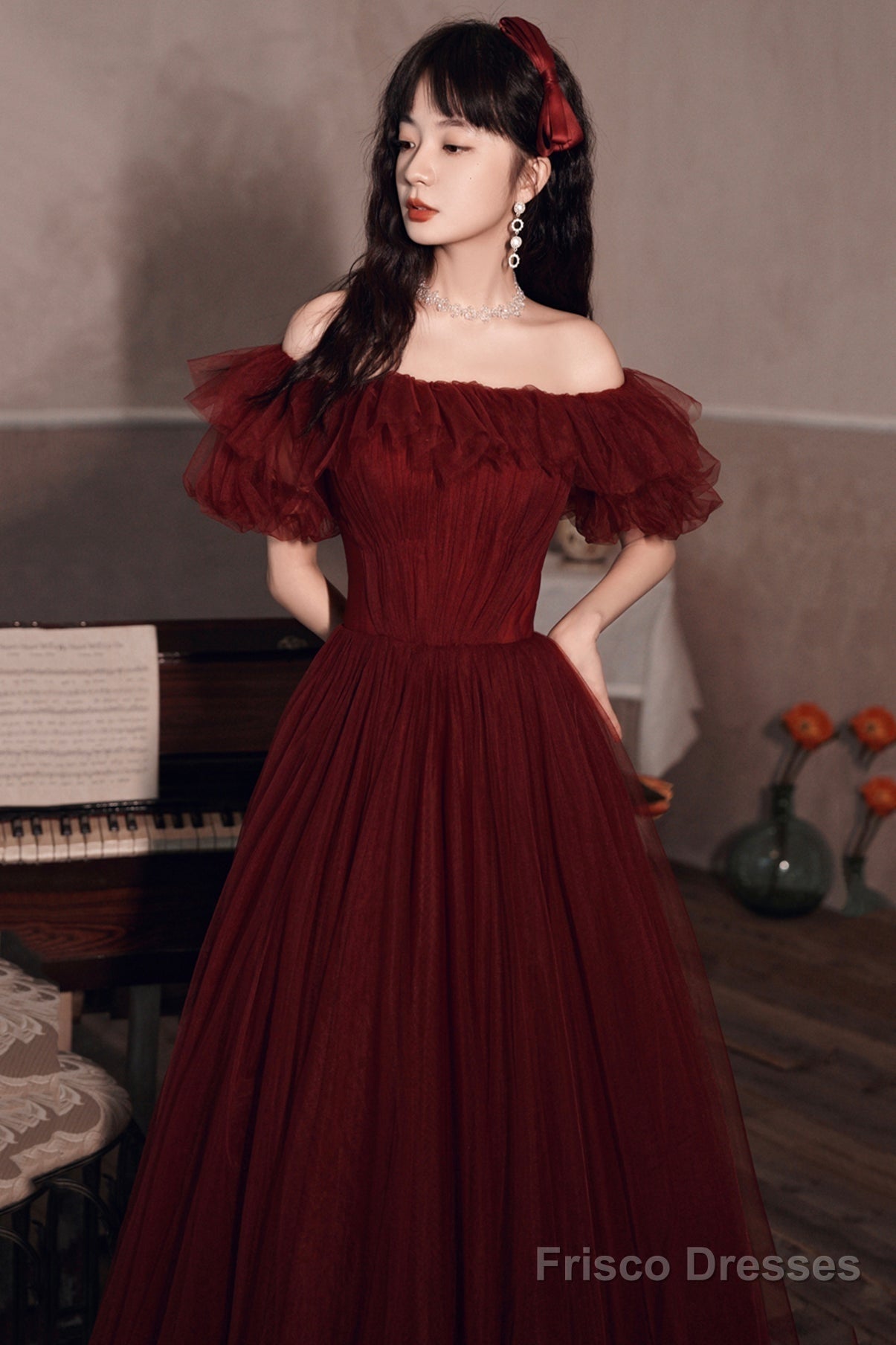 Burgundy Off Shoulder Scoop Long Formal Dress, Burgundy A-Line Evening Dress Secondary image