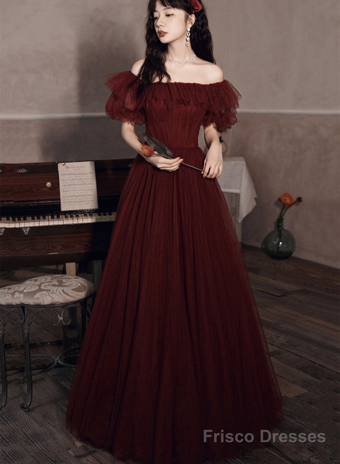 Burgundy Off Shoulder Scoop Long Formal Dress, Burgundy A-Line Evening Dress Main image