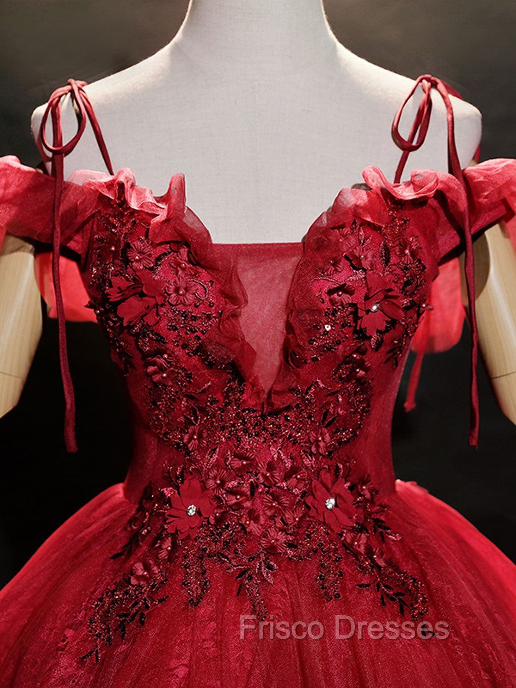 Burgundy Off Shoulder Tulle Lace Long Formal Prom Dress, Burgundy Lace Sweet 16 Dress Secondary image