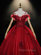 Burgundy Off Shoulder Tulle Lace Long Formal Prom Dress, Burgundy Lace Sweet 16 Dress