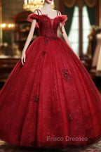 Burgundy Off Shoulder Tulle Lace Long Formal Prom Dress, Burgundy Lace Sweet 16 Dress