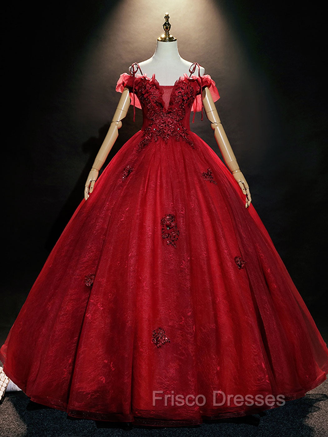 Burgundy Off Shoulder Tulle Lace Long Formal Prom Dress, Burgundy Lace Sweet 16 Dress Main image