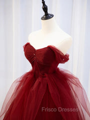 Burgundy Off Shoulder Tulle Lace Long Formal Prom Dress, Burgundy Formal Graduation Dress